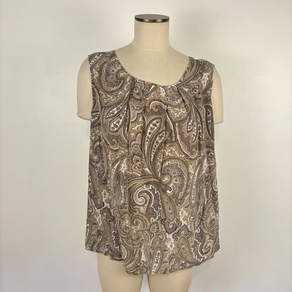 Talbots 100% Silk Gray Beige Paisley Sleeveless Blouse Top Shirt Pleated 22WP